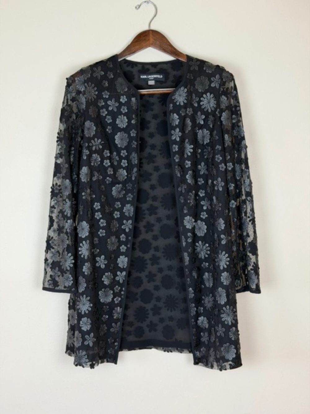 Karl Lagerfeld Paris Black Floral Appliqué Semi Sheer Open Evening Jacket Sz Med